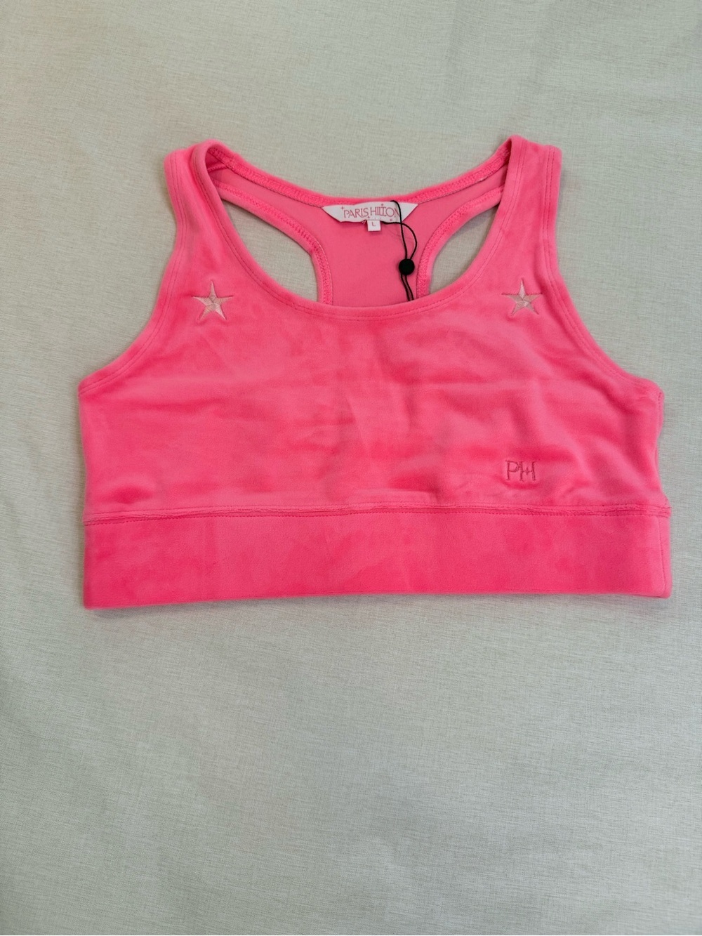 Paris Hilton Pink Velour Sports Bra Embroidered Stars Size Large NWT